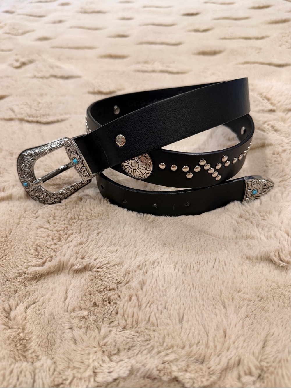 Black Studded Western Leather Belt with Turquoise Accents